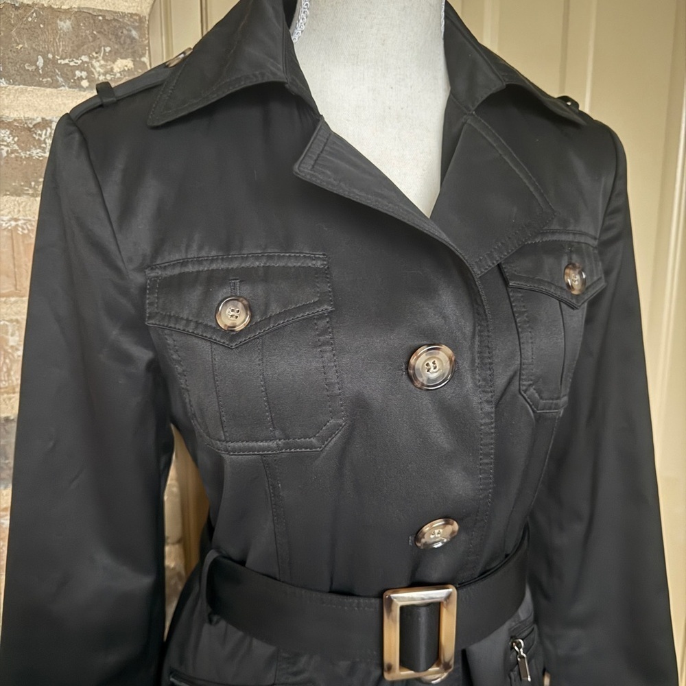 Gallery Black Short Belted Trench Coat Button Details - Picture 15 of 16